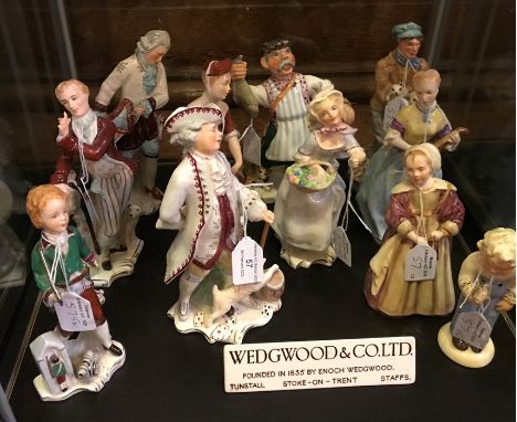 Wedgwood and Co, a collection of assorted figures, including 'Flower Girl', 'The Rake', 'Little Girl with a Bell', 'War', Gir