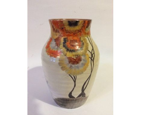 An early 20th Century Clarice Cliff vase in Rhodanthe pattern, hand painted with ribbed body