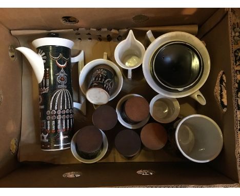 A collection of mid century Portmeirion items in Magic City pattern, including spice jars, tea pot, coffee pot and jug