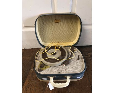Late 1950s Record player in a pale blue zipped up case s/d (1)