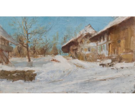 Albert Anker 1831–1910 Ins im Winter Öl auf Leinwand 27 x 46 cmProvenienz: Maurice AnkerA. Moll-Möschler, Biel (1931)Privatbe
