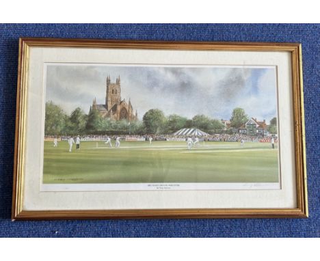 Cricket. Artist Terry Harrison Signed The County Ground, Worcester Colour Print. Signed in Pencil. Housed in Frame Measuring 