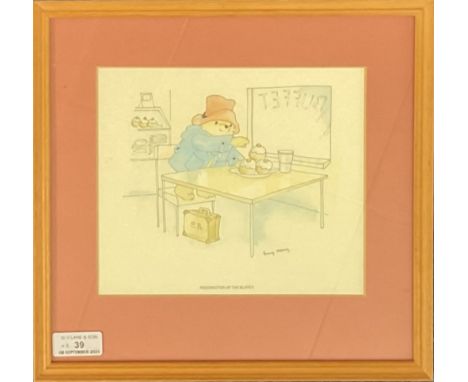 Paddington At The Buffet Colour Print by Barry Macey. Housed in a Frame Measuring 11 x 11 inches approx. overall. Good condit