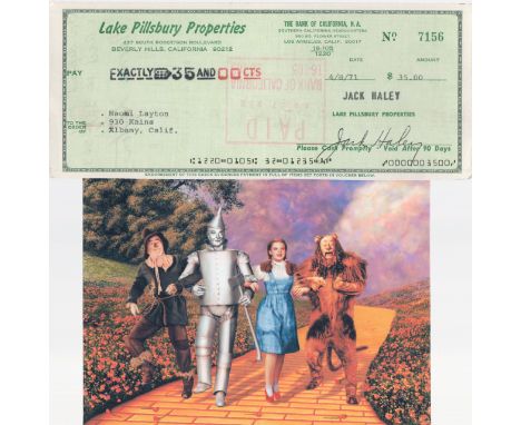 Jack Haley vintage signed Bank Cheque 'Tin Man OZ'. Includes colour photo unsigned Wizard of OZ 7x5 Inch. As an American acto