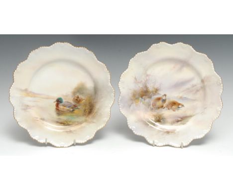 A pair of Royal Worcester shaped circular plates, painted by James Stinton, signed, with mallard ducks and partridges, shell 