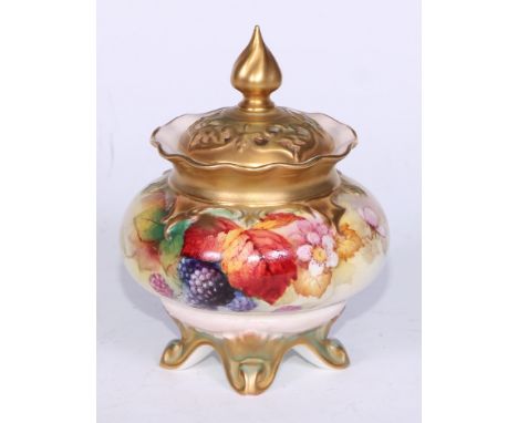 A Royal Worcester ovoid pot pourri vase and cover  . painted by Kitty Blake, signed, with ripe berries and autumn leaves, pie