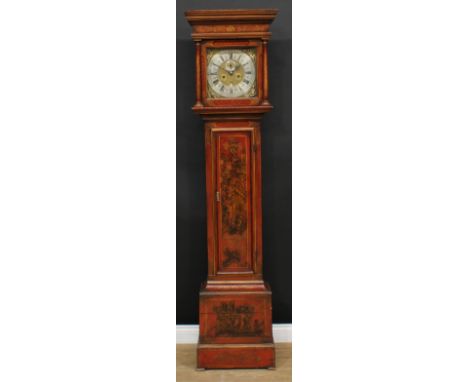 A George II Chinoiserie decorated red japanned longcase clock, square brass dial with silvered chapter ring, Roman and subsid