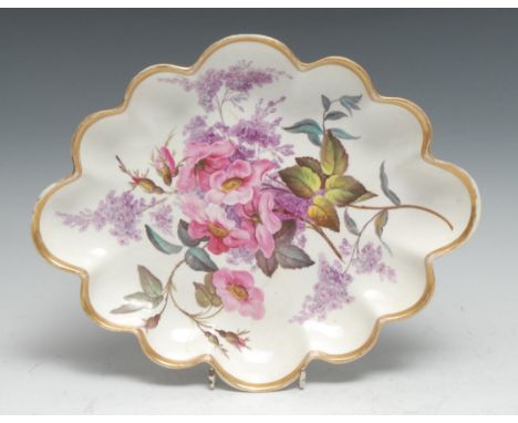A Derby lobed oval botanical plate, painted by 'Quaker' Pegg, Wild Rose and Scotch Lilac, gilt banded rim, 30cm wide, titled,