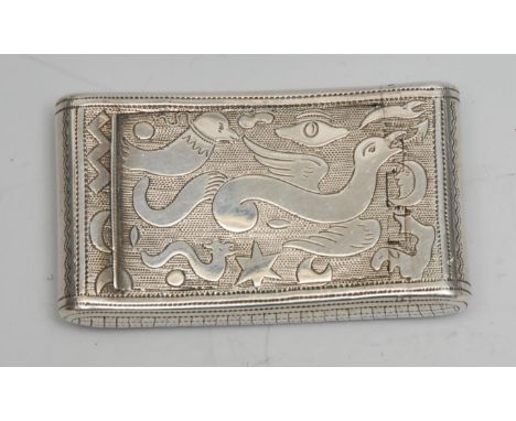 An unusual George III silver curved rounded rectangular snuff box, engraved with stylised animals, outlined with wriggle-work