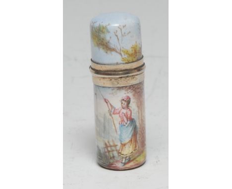 An Austrian silver and enamel cylindrical scent bottle, painted in polychrome with a lady fishing, hinged cover enclosing a s
