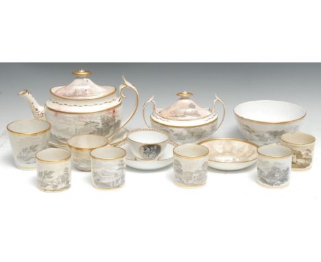 Spode bat-printed tea wares, variously decorated with figures and with European landscape scenes, gilt line borders, includin