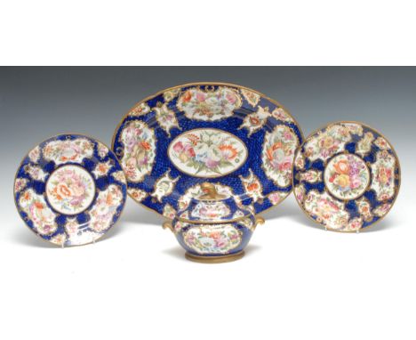 A Coalport oval serving plate, the field painted with colourful summer flowers, the sides with alternating vase and fan shape