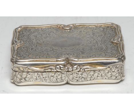 Nathaniel Mills - a large Victorian silver shaped rectangular table snuff box, engraved with scrolling foliage, hinged cover,