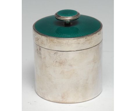 David Andersen - a Norwegian silver and guilloche enamel cylindrical box and cover, decorated in emerald green, knop finial, 