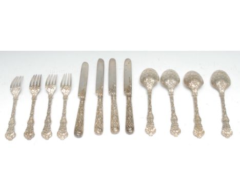 A 19th century electro-plated Chased Vine pattern part dessert service, comprising four settings of fork, knife and spoon, Ge