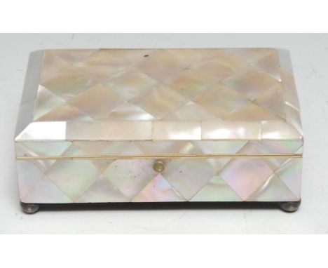 A Victorian mother-of-pearl marquetry rectangular table casket, hinged cover enclosing a velvet-lined interior, bun feet, 13c