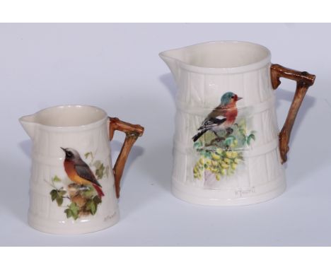 A Royal Worcester coopered jug,  painted by W. Powell, signed, with Chaffinch, 8.5cm high, printed mark in green;  another, s