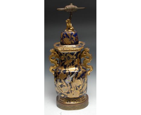 A large Masons Ironstone 'Chinese' panelled lamp, gilt dragon scroll handles, decorated in gilt with butterfly and foliage, o