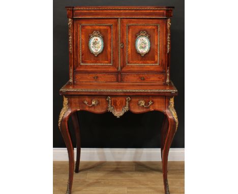 A 19th century porcelain and gilt metal mounted kingwood banded and marquetry bonheur du jour, canted rectangular superstruct