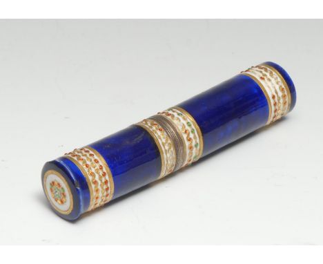 A 19th century enamel cylindrical bodkin case, outlined with gilt and 'jewelled' borders on a cobalt blue ground, 12cm long 
