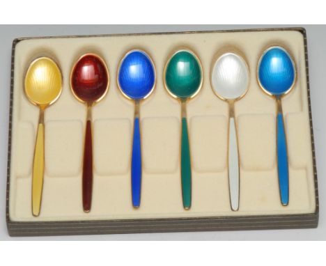 David Andersen - a set of six Norwegian silver-gilt and enamel coffee spoons, cased 