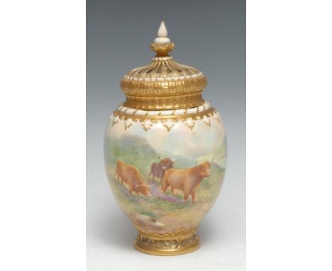 A Royal Worcester ovoid pot pouri jar and cover, painted by Edward Townsend, signed, with Highland cattle, inner cover, pierc