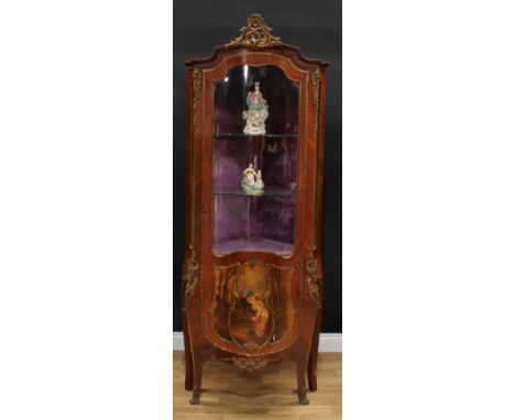 A Louis XV Revival gilt metal mounted Vernis Martin corner vitrine display cabinet, shaped top with scrolling acanthus cresti