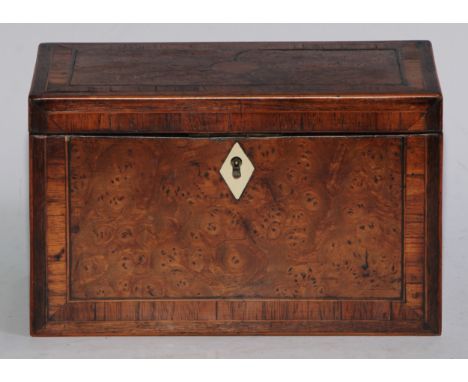 A George III rosewood crossbanded burr elm rectangular tea caddy, hinged cover enclosing a pair of lidded canisters, outlined