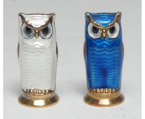 David Andersen - a pair of Norwegian silver-gilt and enamel novelty peppers, as owls, 5.5cm high 