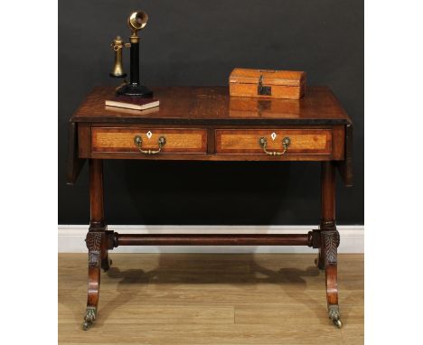 A George III mahogany crossbanded oak sofa table, rounded rectangular top with fall leaves above a pair of frieze drawers, cy