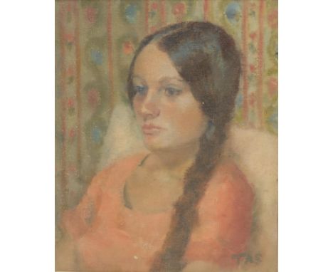 Contemporary British School Portrait of a Lady, head-and-shoulders lengthmonogrammed TAS, oil on board, 29cm x 24cm 