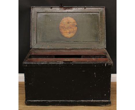 A 19th century carpenter's tool chest, hinged cover, the verso applied with oval coaching scene, enclosing small drawers, car