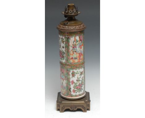 A Chinese famille rose cylinder vase, painted in the Cantonese taste with figures of the court, butterflies, insects, birds, 