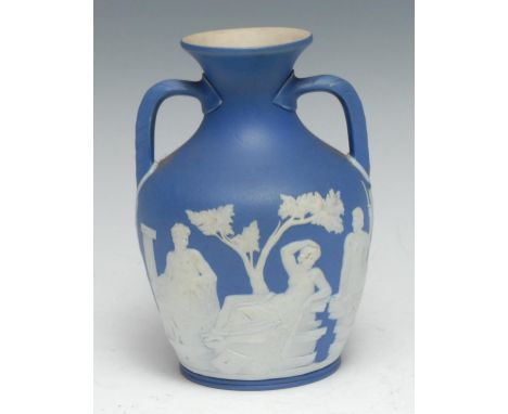 A Wedgwood dark blue jasperware Portland or Barberini Vase, after a model by Thomas Lovett, 15cm high, impressed mark, 19th c