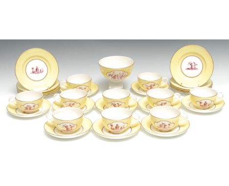 A Royal Worcester ten-setting tea service, decorated in the manner of Marcolini Meissen, in puce on a yellow ground, comprisi