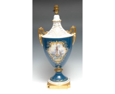 A Lynton two handled pedestal ovoid table lamp, decorated by Stefan Nowacki, signed, painted with sailing galleons, within ra