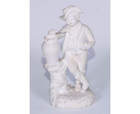 A Rockingham biscuit figure, of a boy with a broken pitcher, resting on a rocky mound, 14cm high, incised no.26,  c. 1826-422