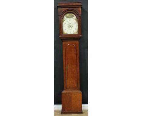 A George III oak longcase clock, 32cm arched painted dial inscribed Hodgkinson, Nottingham, Arabic numerals, subsidiary secon