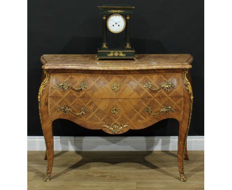 A Louis XV Revival gilt metal mounted kingwood parquetry bombe shaped commode, serpentine Breccia Pernice marble top above tw