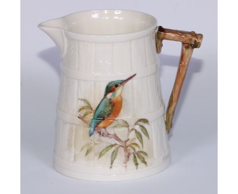 A Royal Worcester coopered barrel jug, painted by W Powell, signed, with a Kingfisher, printed mark in cm high green, titled,