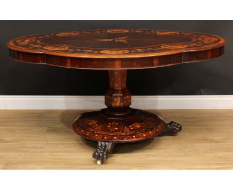 A 19th century Irish Killarney marquetry, yew and arbutus centre table, shaped top inlaid with oval reserves including Ross C