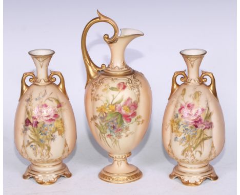 A Royal Worcester lobed pedestal ovoid jug, printed and painted with colourful flowers on a blush ivory ground, scroll handle