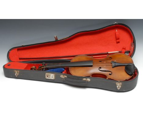 A violin, the two-piece back 36cm long excluding button, outlined throughout with purfling, 60cm long overall, the bow appare