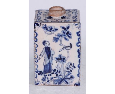 An 18th century delft square tea caddy, painted in tones of blue in the Chinoiserie taste with Chinese figures and birds, 10c