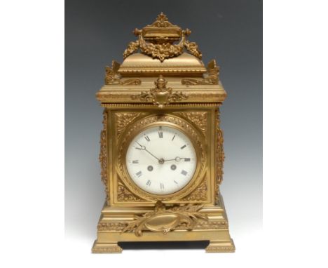 A 19th century gilt-metal bracket clock, 13cm convex enamel dial with Roman numerals, twin-winding holes, 8-day movement stri