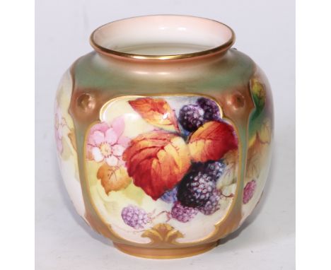 A Royal Worcester ovoid vase. painted by Kitty Blake, signed, with ripe berries and autumn leaves, tendrils in relief, 8.5cm 