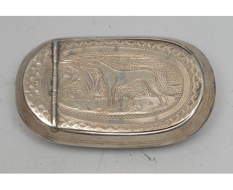 A George III silver oval snuff box, hinged cover engraved with a greyhound dog, outlined with wrigglework, gilt interior, 7cm