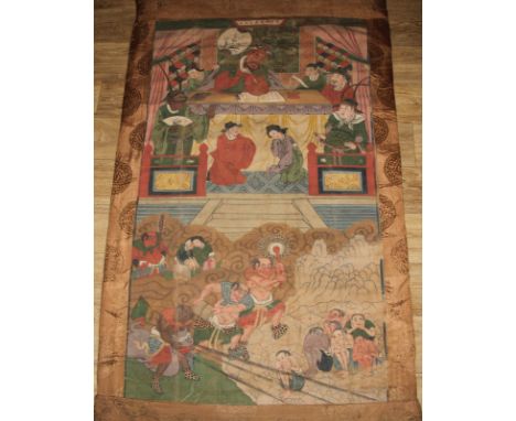 A Chinese Hell scroll, painted with pigment with king with script above demons and the condemned, 145cm x  154cm, possibly 19