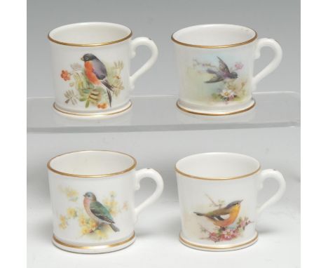 A Royal Worcester miniature mug, painted by W Powell, with Bulfinch, gilt line border, 3.5cm high, crown and circle mark in p