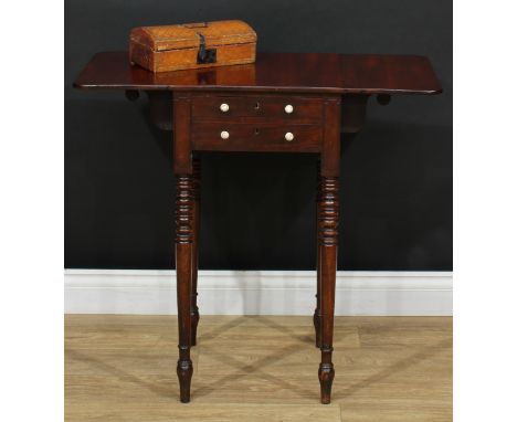 A Post-Regency mahogany work table, rounded rectangular top with fall leaves above a pair of frieze drawers, blind to verso, 